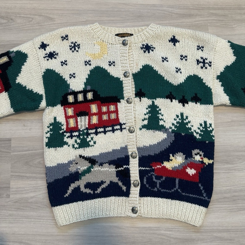 VTG 1989 Eddie Bauer Women's Hand Knit Wool Cardigan Sweater Nordic Ski Scene Lg - Picture 2 of 13
